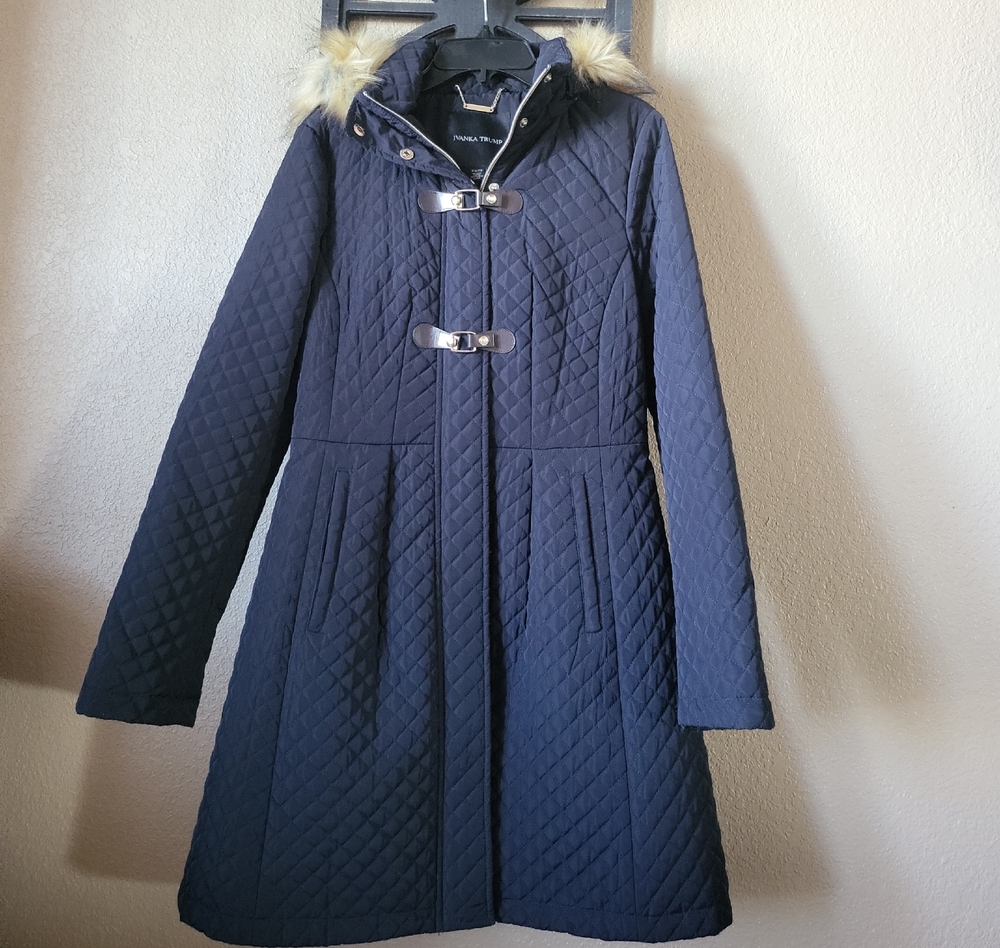 IVANKA TRUMP Dark Blue Quilted Puffer with Faux Fur